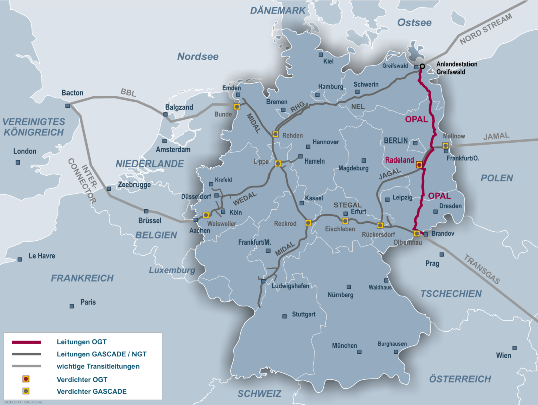 Gazociągi przesyłowe w Niemczech z zaznaczeniem OPAL. Grafika: Gascade