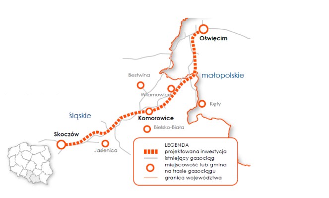 Gazociąg Skoczów-Komorowice-Oświęcim. Źródło: Gaz-System