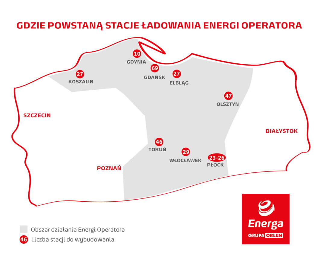 Punkty ładowania samochodów elektrycznych w planach Energi. Grafika: Energa Operator