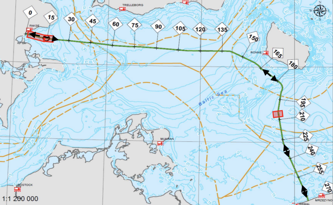 Trasa przebiegu gazociągu Baltic Pipe po dnie Morza Bałtyckiego