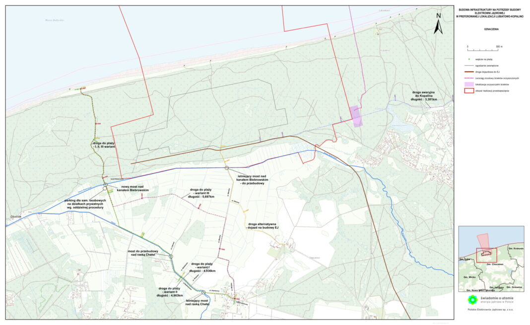 Mapa z lokalizacją dróg wokół polskiej elektrowni jądrowej. Fot. Polskie Elektrownie Jądrowe.